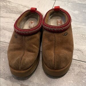 UGG Tan Suede Slip-Ons with Red Accents